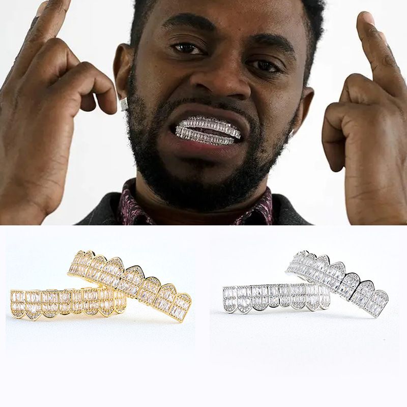 Zubní rovnátka šaty T tvarované zirkonové šperky doplňky osm obdélníkové zirkony vtipná osobnost pánské evropské hip hop rovnátka_voghion.com