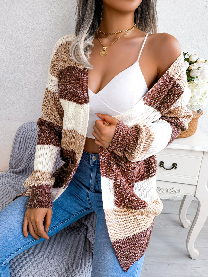 Cárdigan de manga larga abullonada con bloques de colores a rayas para mujer, suéter de punto ligero, holgado, informal, con frente abierto, abrigo, prendas de vestir exteriores_voghion.com