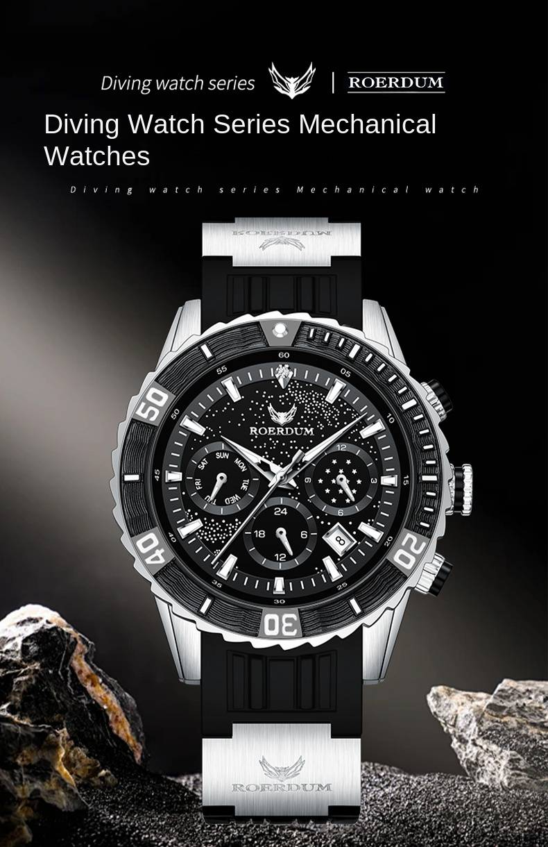 ROERDUM Voyager Series-Orologio subacqueo RA8006 Orologio meccanico a carica funzionale con quadrante nero e cinturino in silicone Orologio da uomo_voghion.com