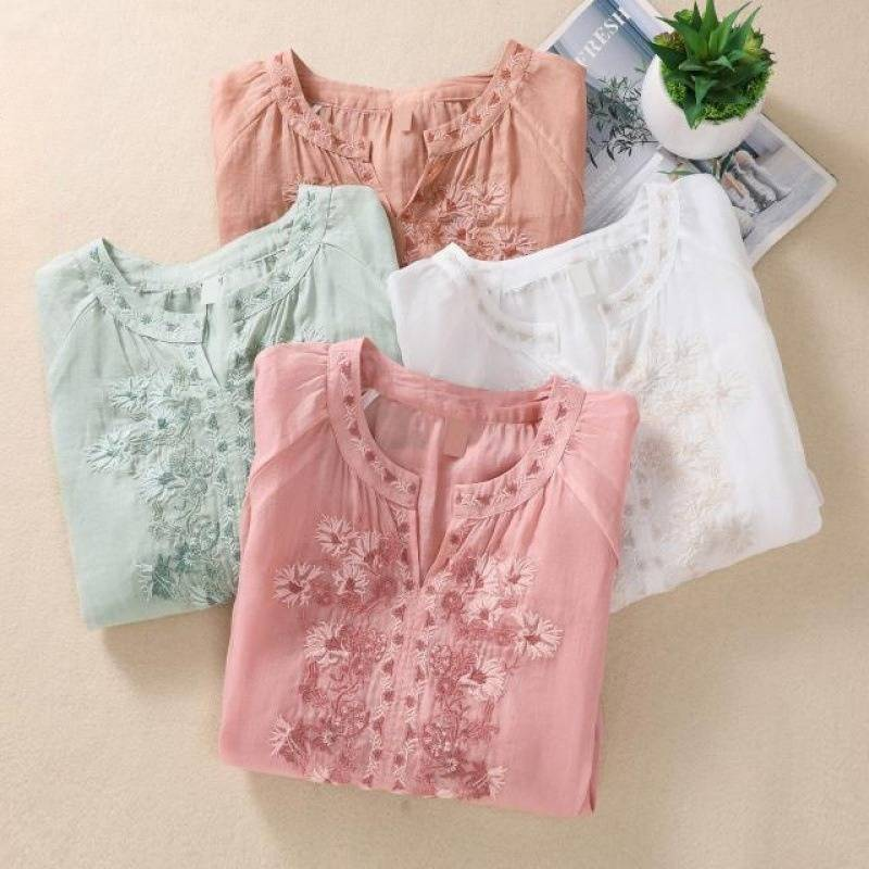 Camicia estiva da donna in cotone e lino retrò, con scollo a V, aderente, semplice, tinta unita, con maniche a tre quarti_voghion.com