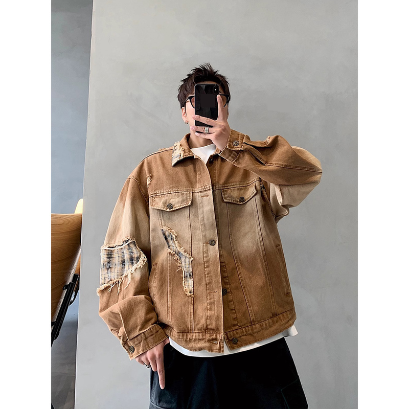 Vintage Distressed Denim Jacket With Gradient Color & Collar Design, Loose Fit Casual Coat For Men & Women_voghion.com