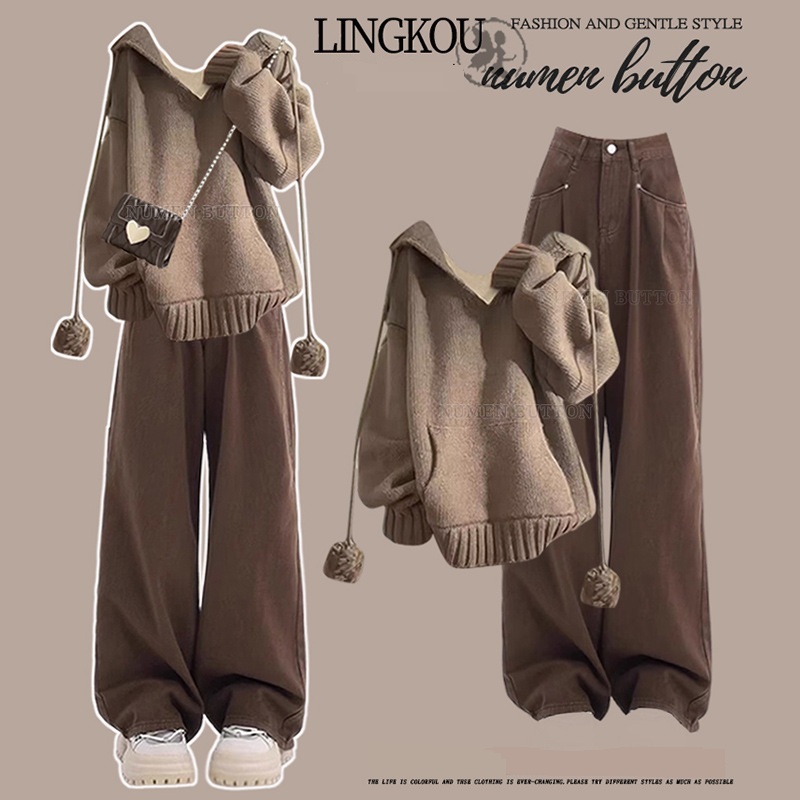 Plus Size Autumn Casual Hooded Knit Sweater With High Waist Slimming Jeans Two-Piece Set_voghion.com