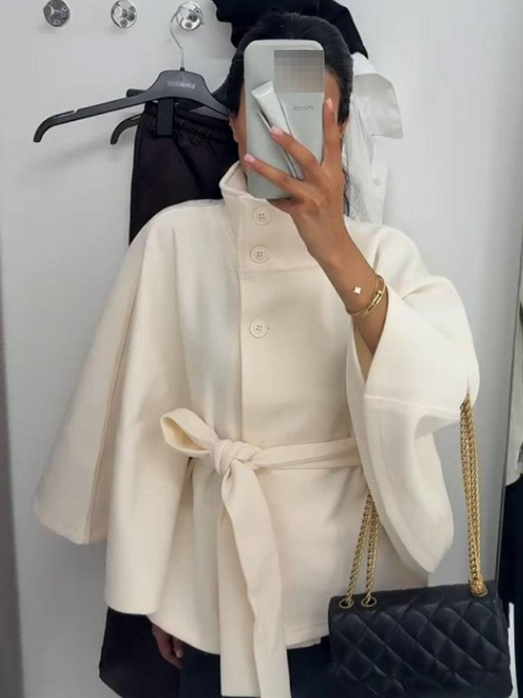 Elegant Stand Collar Belted Wool Coat For Women - Slim Fit Pure Color Trench Coat With Tie Waist, Fashionable Outerwear For Autumn & Winter_voghion.com