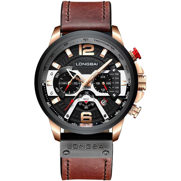 Montre chronographe multifonction pour homme - Montre-bracelet à quartz étanche avec bracelet en cuir et date_voghion.com