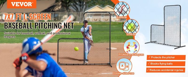 VEVOR L Screen Baseball For Batting Cage, 7x7 Ft Baseball Softball Safety Screen, Body Protector Portable Batting Screen With Carry Bag & Ground Stakes, Heavy Duty Pitching Net For Pitchers Protection_voghion.com