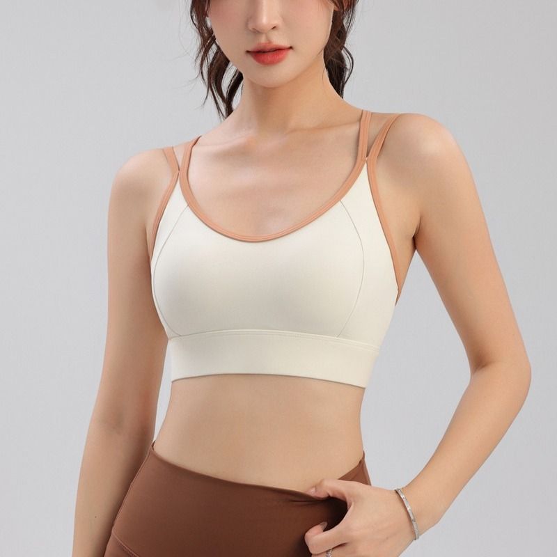 Color Block Splicing Thin Strap Sports For Women Running Shockproof Cross Back One-Piece Outerwear Yoga Bra Summer_voghion.com
