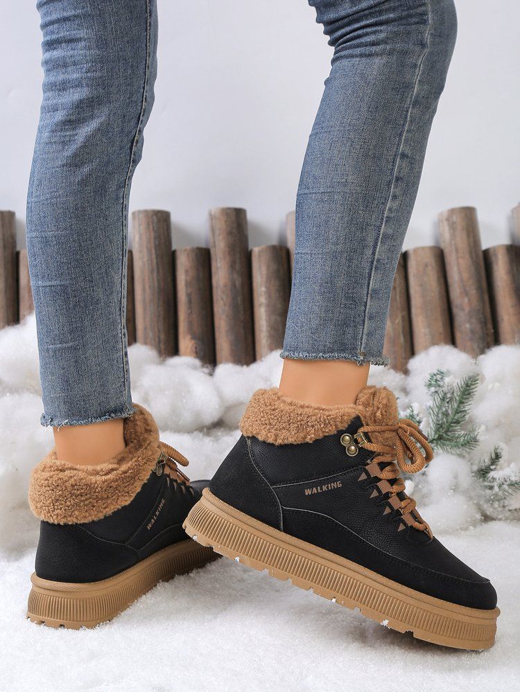 Damen Winterstiefel aus Baumwolle, warm, modisch, zum Schnüren, Schneestiefel, lässig, bequem, bis zur Mitte der Wade, mit Kunstfellfutter, rutschfeste Gummisohle_voghion.com