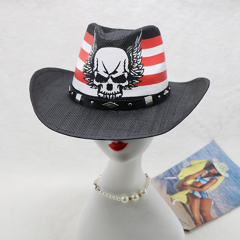 Chapéu de cowboy ocidental chapéu preto masculino ao ar livre crânio estilo chapéu de palha enrolado_voghion.com