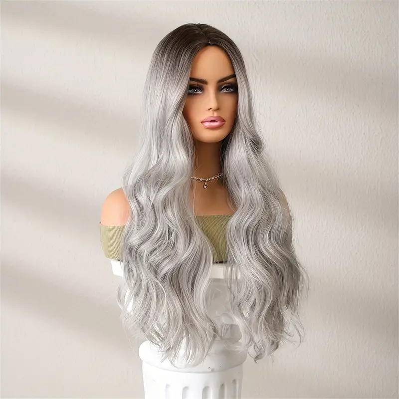 Peluca sintética nueva de moda con división central, onda grande, negro, gris, cambio Gradual de Color, rizado largo, conjunto de cabeza completa blanco plateado_voghion.com