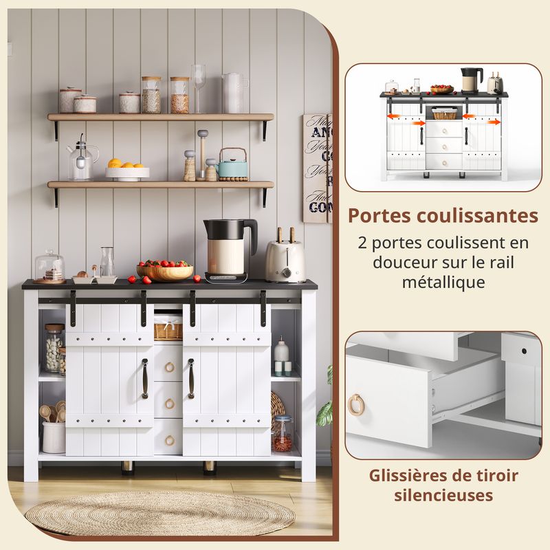 Buffetschrank Bianco 120cm Con Schiebetüren, 3 Schubladen, Rustikaler Holzstil_voghion.com