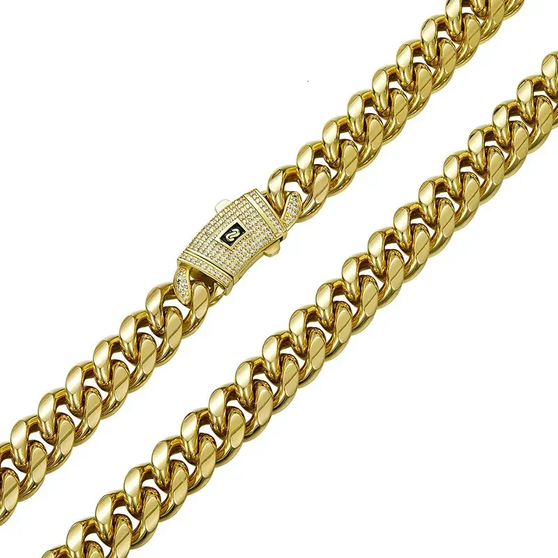 Hip Hop Bling Gold Color Stainless Steel Cuban Miami Chains Necklaces CZ Zircon Box Lock Link Chain For Men Rapper_voghion.com