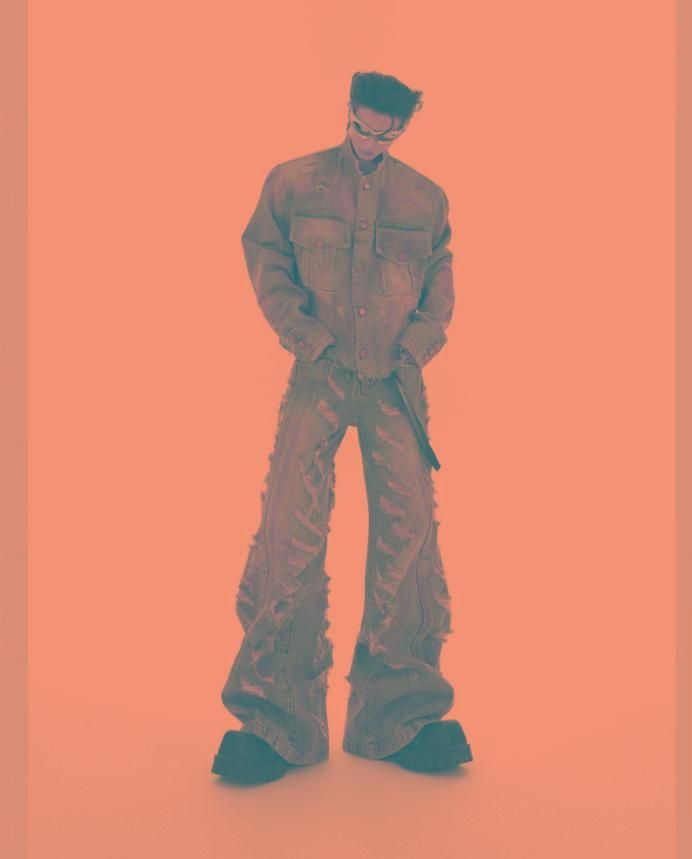 Men's Clothing Niche Retro Wasteland Destruction Denim Jacket Suit Heavyweight Distressed Jacket Flared Jeans Trend_voghion.com