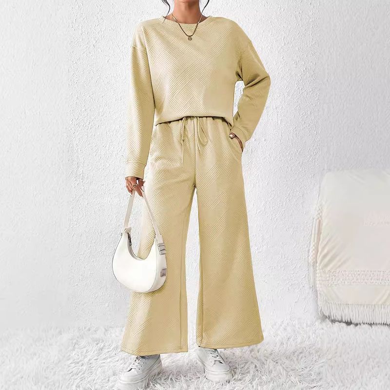 Terno casual solto simples de cor sólida, outono inverno, novo, texturizado, com cordão, roupa esportiva para mulheres, 2025_voghion.com