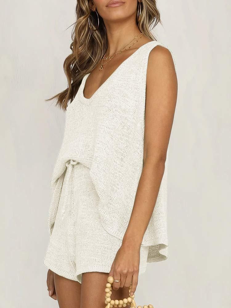 Women's Clothing summer fashion casual deep V-neck vest drawstring knitted women's sweater suit two-piece set_voghion.com