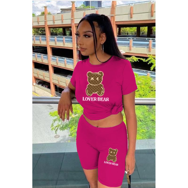 Damen-Trainingsanzug mit T-Shirt-Shorts und Bären-Print_voghion.com