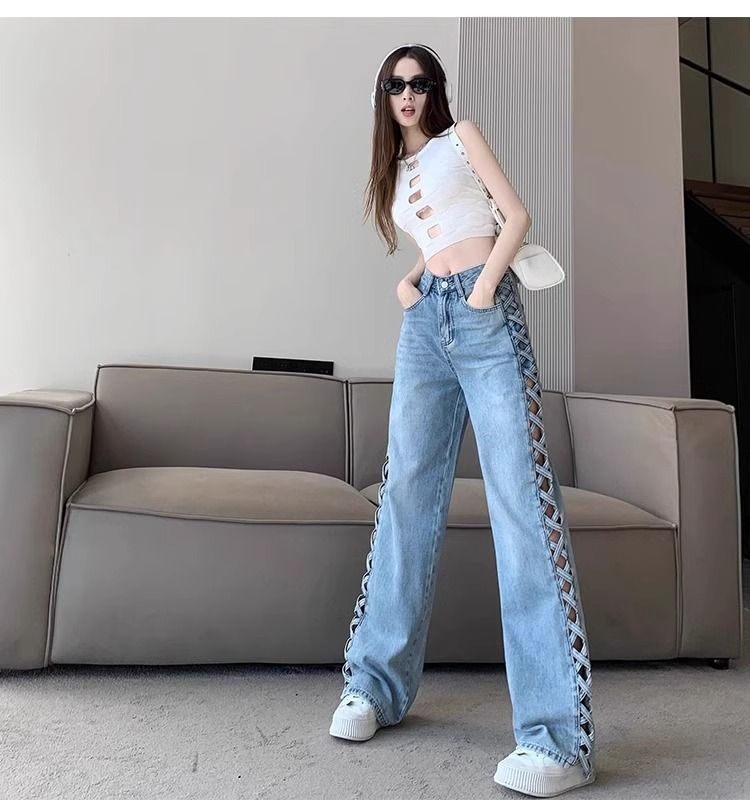 Abbigliamento da donna, design primaverile ed estivo, pantaloni sottili e versatili a vita alta lunghi fino al pavimento_voghion.com