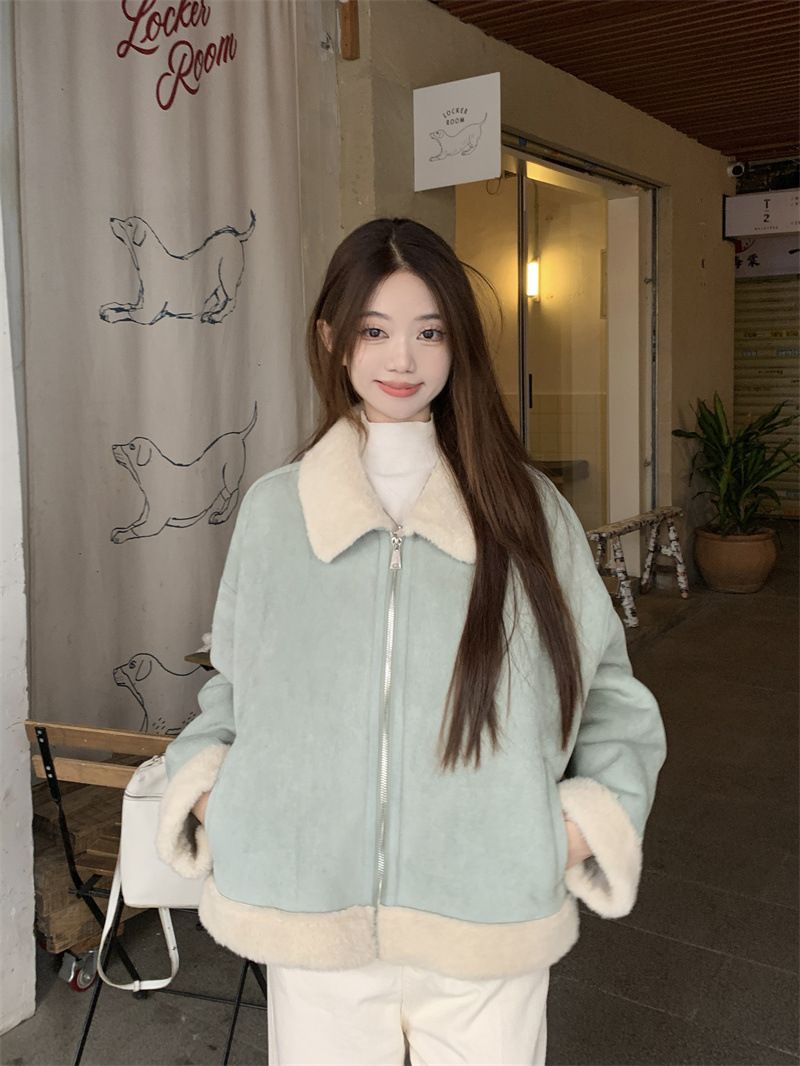 2025 Winter Koreanischen Stil High-End Hellblau Revers Kurzen Lamm Wolle Mantel Für Frauen, Schaffell Integrierte Jacke Top_voghion.com