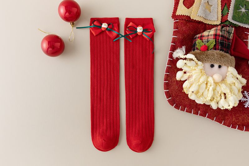 Calcetines para niños Otoño e invierno Calcetines con lazo rojo Calcetines de algodón rojos para niñas Calcetines navideños_voghion.com