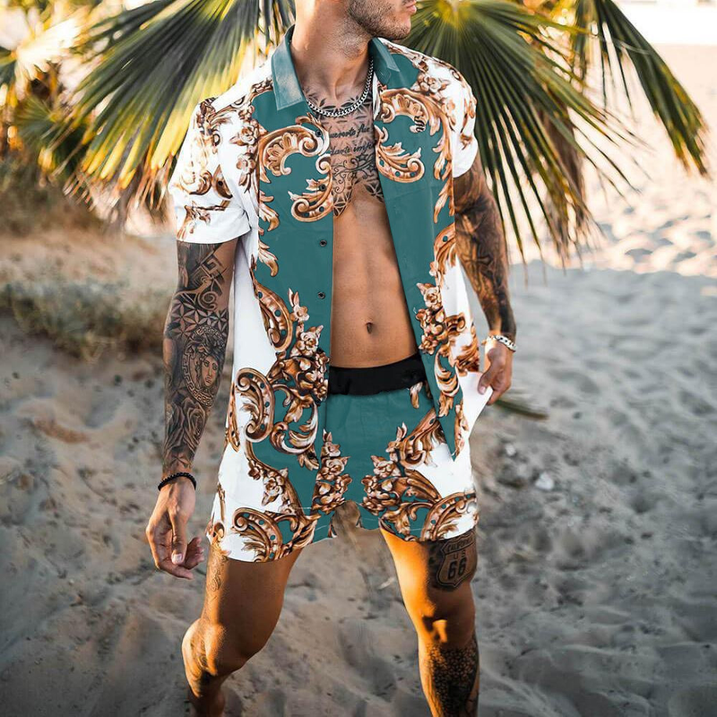 Summer Fashion Beach Shirts for Men 2 Piece Set Outfits Men Clothing Floral Printed Hawaiian Shirt Men Shorts Set Short Sleeve_voghion.com