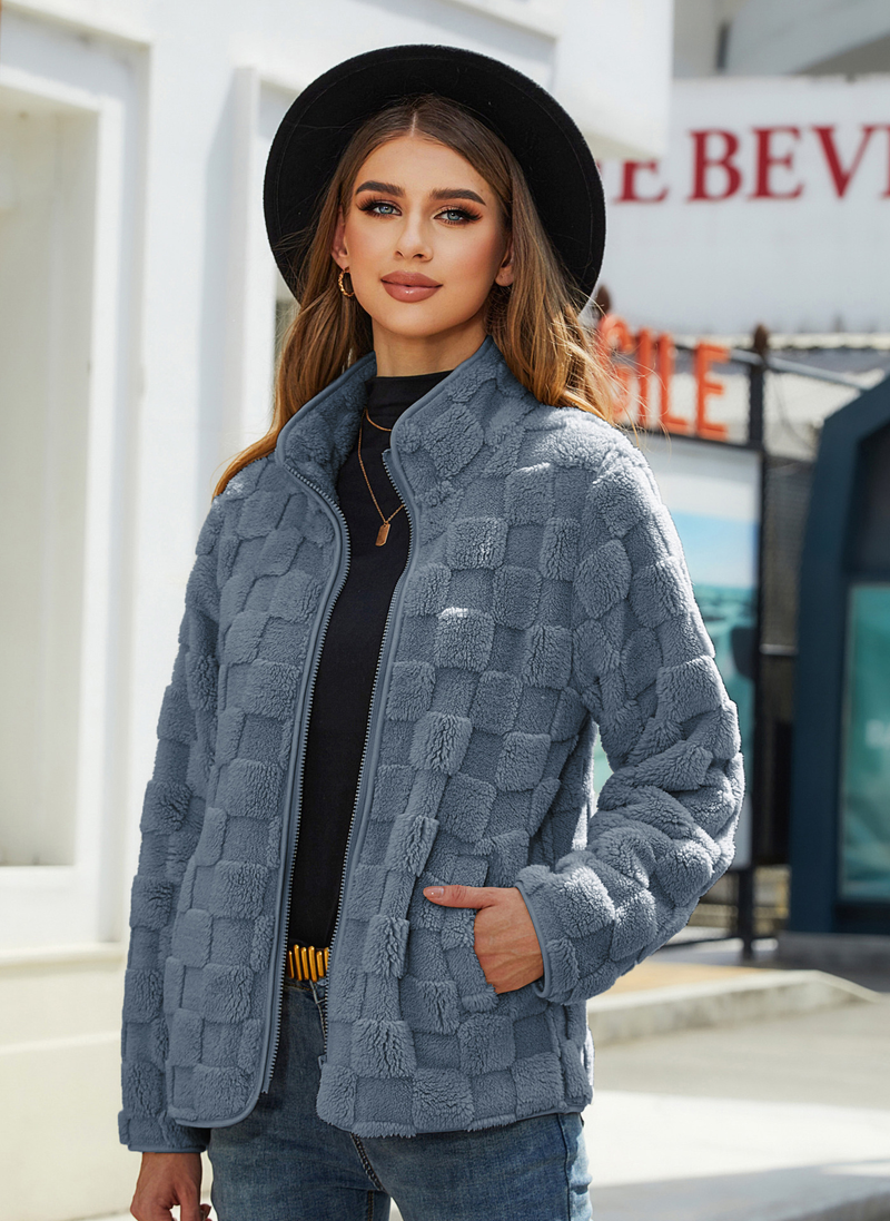Cardigan a maniche lunghe da donna con cerniera, ampio, tinta unita, quadrato, in peluche_voghion.com