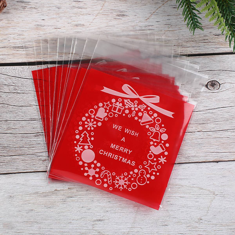25 Stück rote Keksverpackungsbeutel mit Weihnachtskranz, Schneeflocken-Süßigkeiten-Druckverschlussbeutel, selbstklebende Backverpackungsbeutel_voghion.com