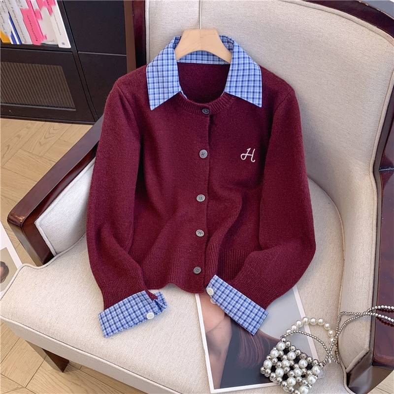 Damenbekleidung Dreizehn Linien Zweiteiliger Polokragen Nähte Langärmliger Strickpullover Damen Lockerer Kurzer Cardigan Trend_voghion.com