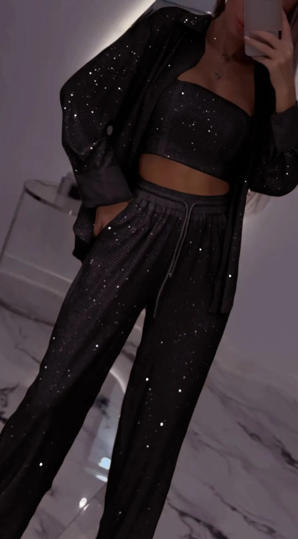 Damenbekleidung Lockerer, lässiger Anzug mit Pailletten, Jacke, Tube-Top, Hose mit weitem Bein, dreiteiliges Set_voghion.com