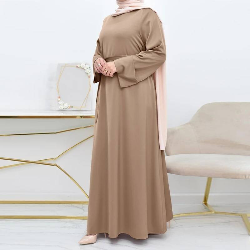 Vintage pavasara musulmaņu kleita malajiešu vienkārša, cieta sieviešu abaja O-kakla ar jostu liela izmēra garām piedurknēm halāts sieviešu vaļīga tītara kaftan_voghion.com