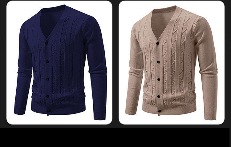 Lässiger Herren-Strickpullover – Vintage-Zopfmuster, lockere Passform, V-Ausschnitt, lange Ärmel, offene Vorderseite (maschinenwaschbar) –_voghion.com