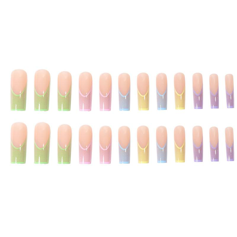 Press On Nails Long French Tip Water Pipe Style Candy Color Rainbow Gradient False Nails With Glue/Gel Options_voghion.com