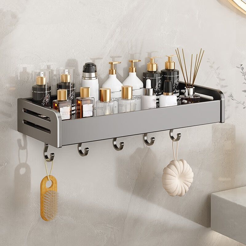Aluminum Bathroom Shelf With Hooks - Wall Mounted Organizer For Towels, Toiletries & Cosmetics Rustproof, Space-Saving,_voghion.com