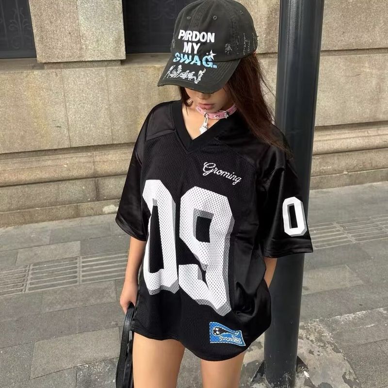 American Style Sorts Short T-Shirt For Women Summer Color Block Number Jersey Design V-Neck Mesh Hi-Ho Half Sleeve_voghion.com