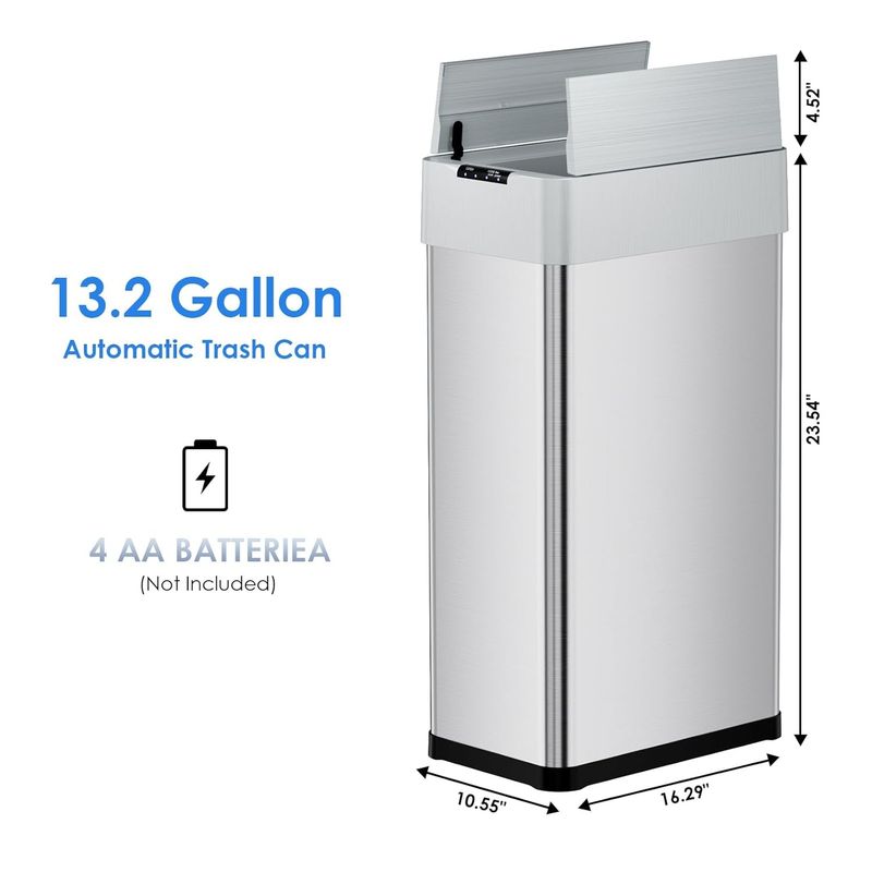 50L /13.2 Gal Motion Sensor Trash Can Wings Open Lid Garbage Can Stainless Steel_voghion.com