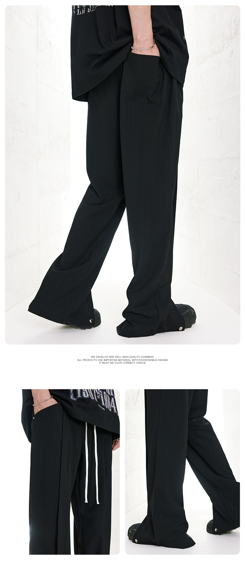 men's clothing original new national trend straight trousers hem button craft drape loose solid color sports pants_voghion.com