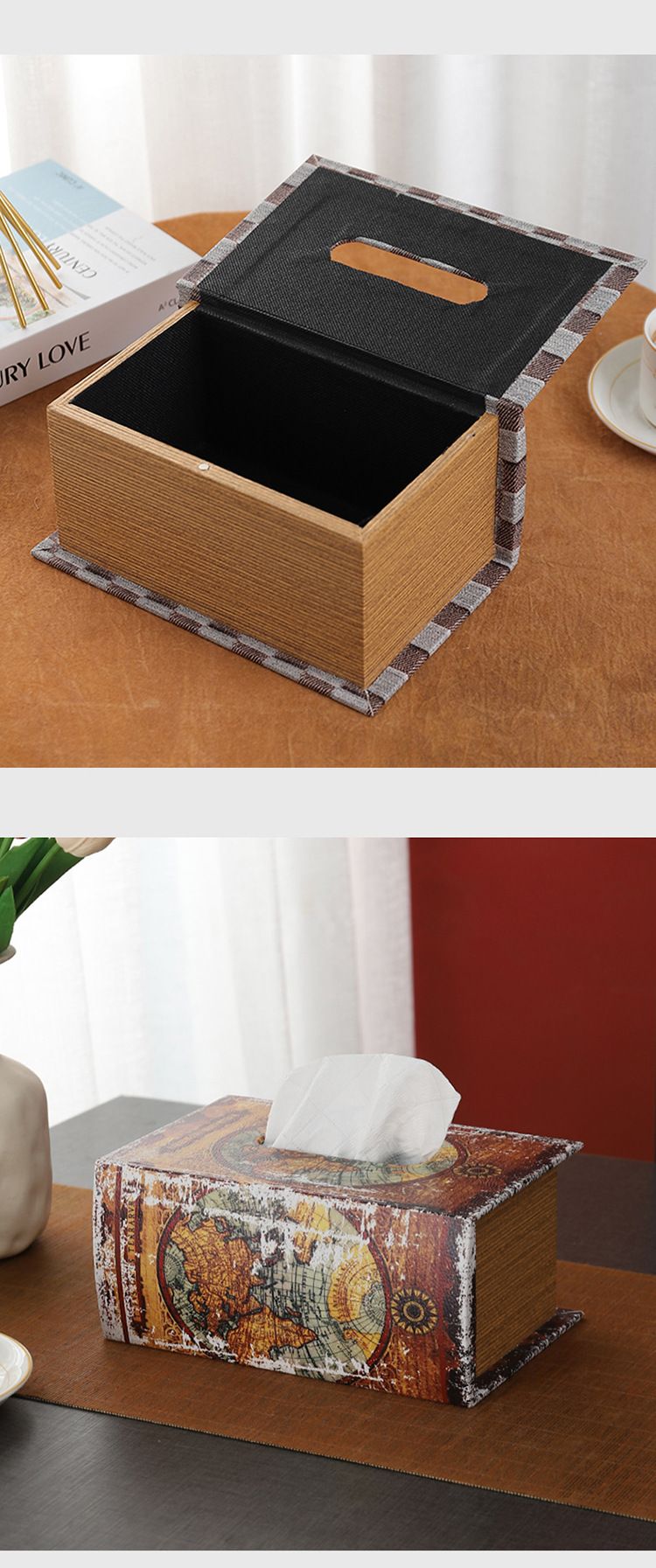 Creative American Style Simulation Book Wooden Home Office Desktop PU Leather Book-shaped Tissue Box_voghion.com