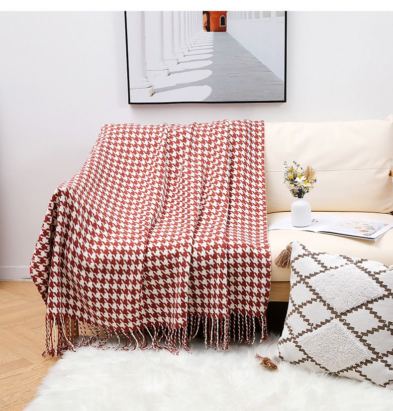 Couch Cover Thousand Bird Check Fringed Wool Summer Thin Air Conditioning Window Blanket, Nap Blanket_voghion.com