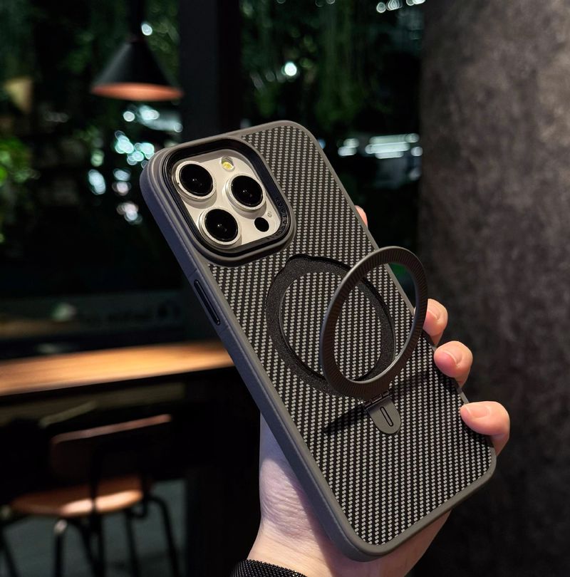 Applicable to iPhone16ProMax mobile phone case carbon fiber pattern PC magnetic bracket Aple 14 anti fall protective cover 13_voghion.com