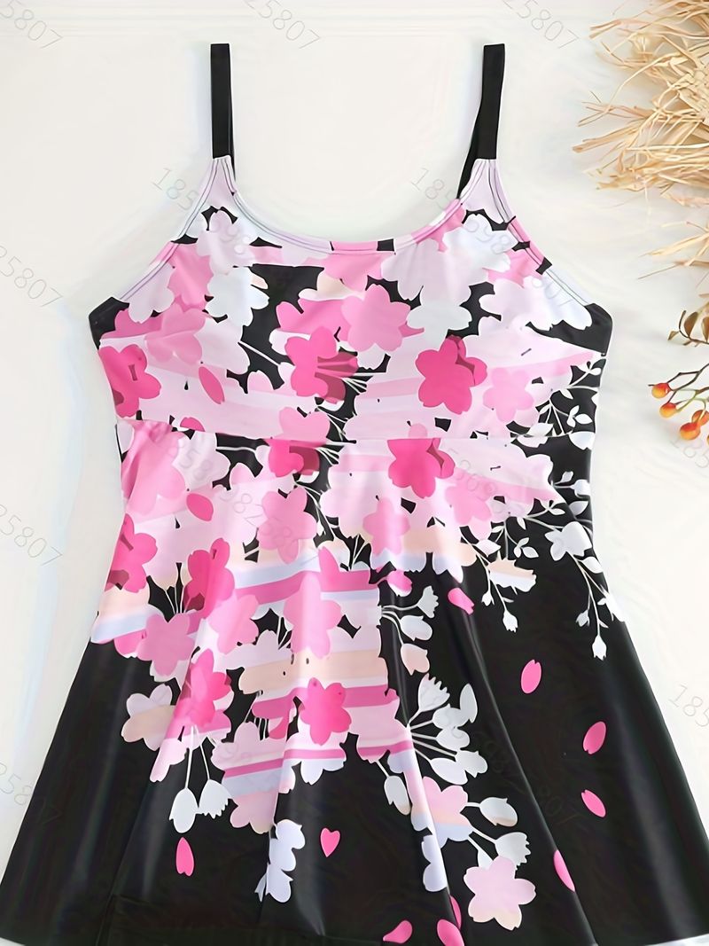 Plus Size Vacay Swimsuit Set, Women's Plus Floral Print Tank Top & Shorts High Stretch Swimsuit 2pcs Set, Women Plus Size Two Piece Set_voghion.com