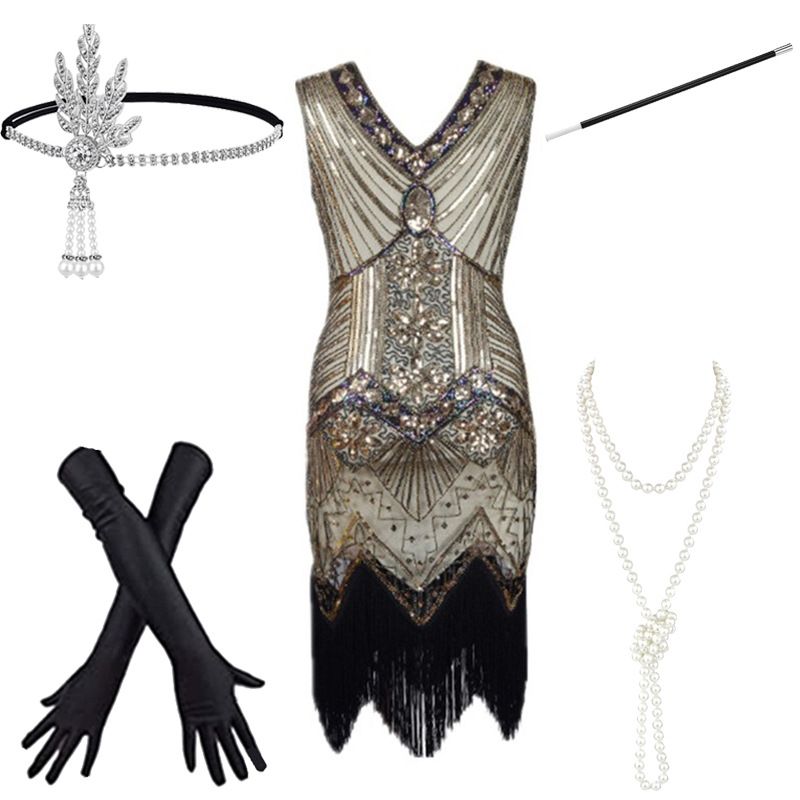 Female 1920s Gatsby Ball Sparkle Tassel Set Banquet Party Evening Dress Women's Wear_voghion.com