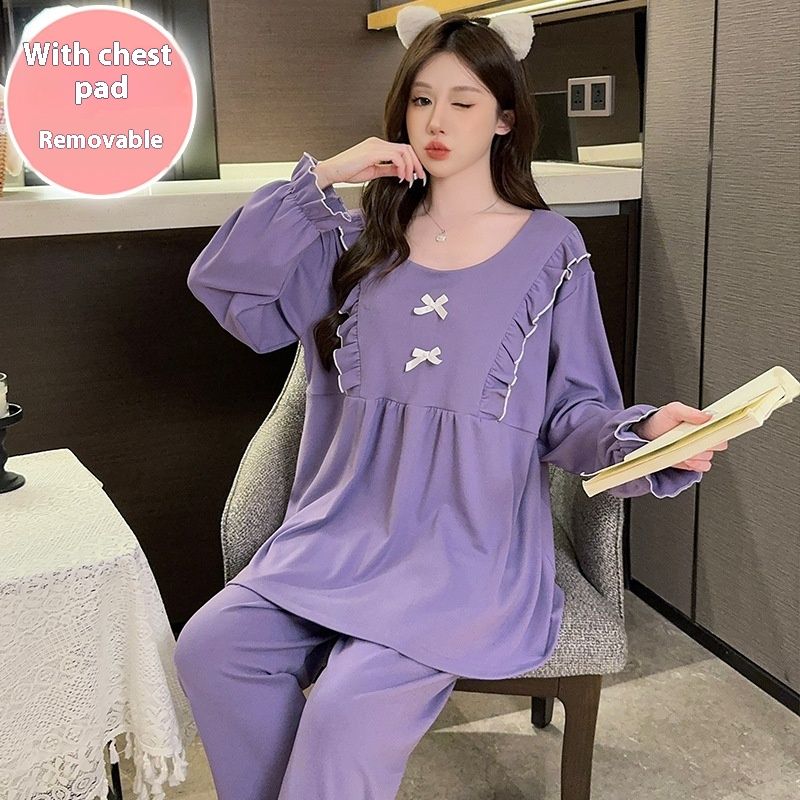 Double sided German velvet sleepwear women in spring autumn, princess style with chest cushion, sleeves, long pants, and_voghion.com