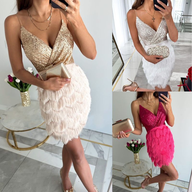 Damenbekleidung Pailletten Lässiges Neckholderkleid Lockeres stylisches mehrfarbiges Kleid_voghion.com