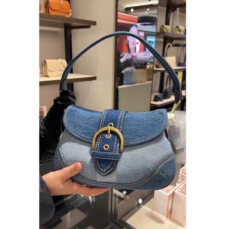Denim Underarm Bag French Splicing Canvas Bag Shoulder Bag Handbag_voghion.com