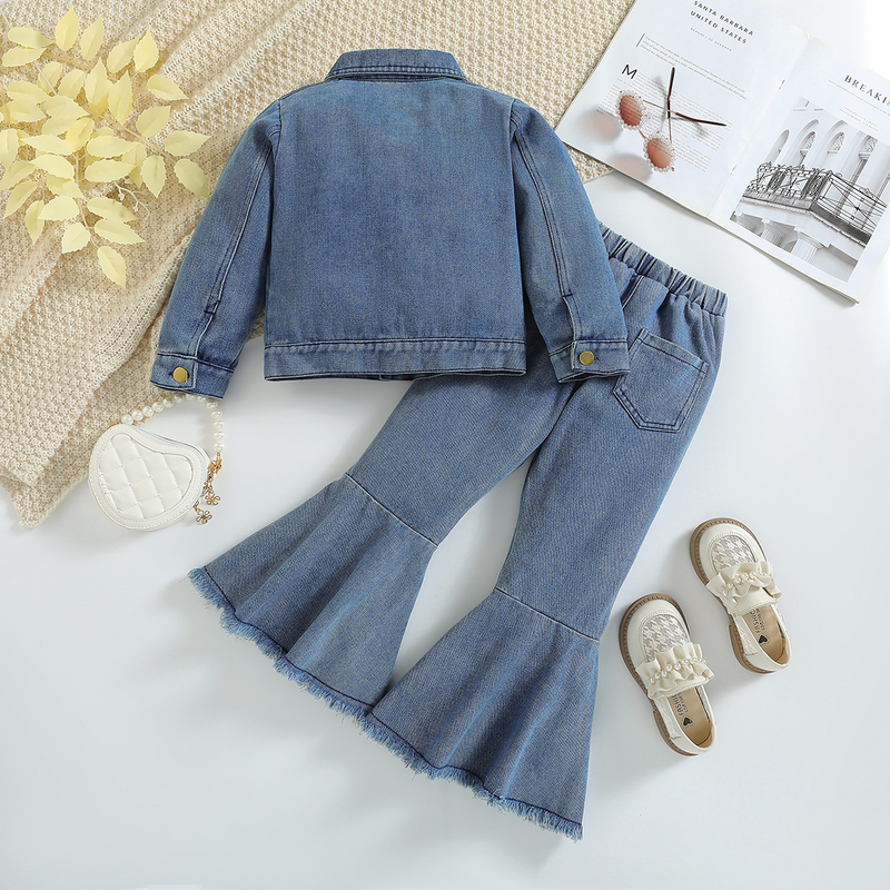Children's Clothing New Girls' Denim Suits Fashionable Long Sleeved Jackets And Flared Pants_voghion.com