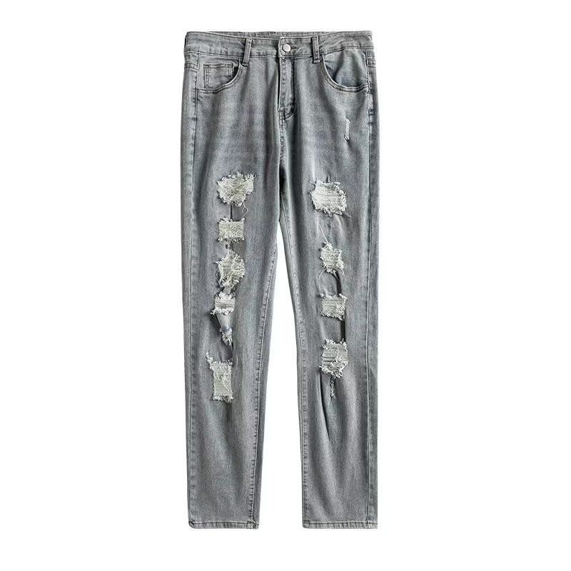 Men's new high street brand hot drill ripped patch distressed washed light stretch slim fit jeans_voghion.com