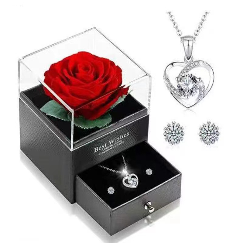 Damen-Schmuckset, Modeschmuck, Valentinstag, Weihnachtsgeschenk, Halskette, Ohrringe, ewige Blume, Geschenkbox, Schmuckschatulle, heißer Verkauf_voghion.com
