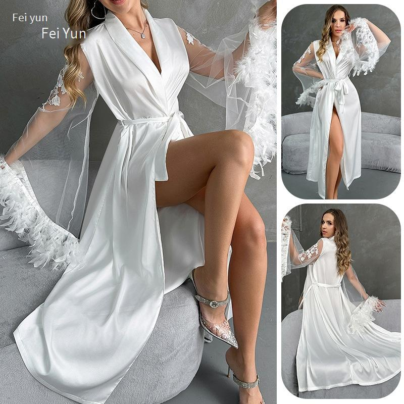 Damen Nachtwäsche Neue sexy Nachthemd plus Bademantel Pamas weibliche Langarm Feder Damen Satin Home Kleidung_voghion.com