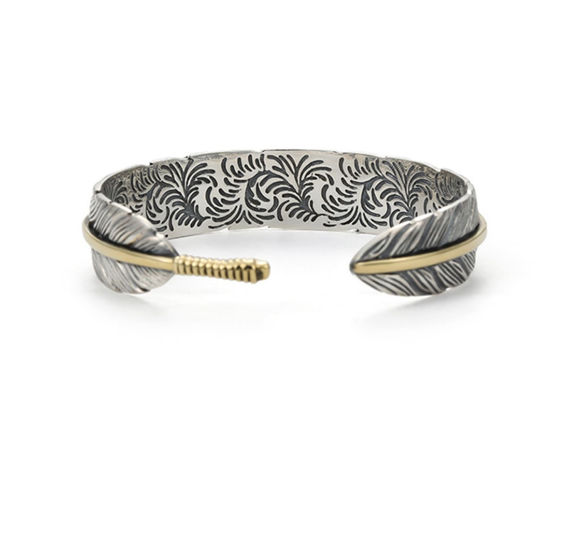 Men's Jewelry Vintage Feather Bracelet With Engraved Arabesque Pattern, Adjustable Open Cuff Bangle For Casual & Formal Wear_voghion.com