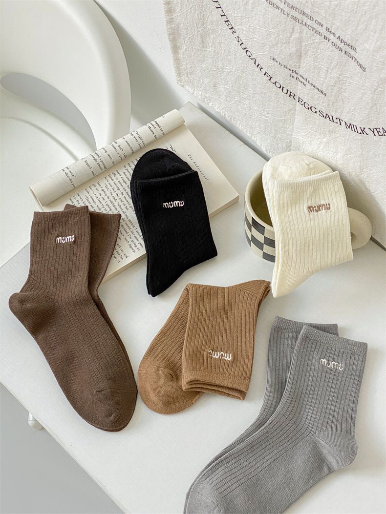 Vertical stripe socks women's mid-calf socks solid color cotton socks letter embroidered socks ins trendy Japanese White Ballet Socks_voghion.com