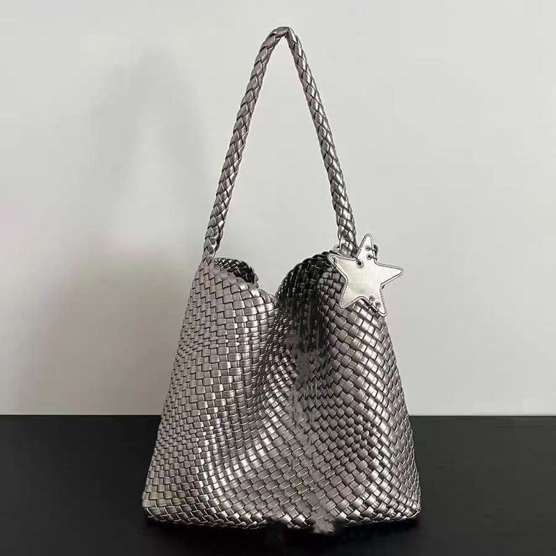 Borsa a secchiello da donna con motivo intrecciato color champagne, grande capacità, da portare a mano o a spalla_voghion.com