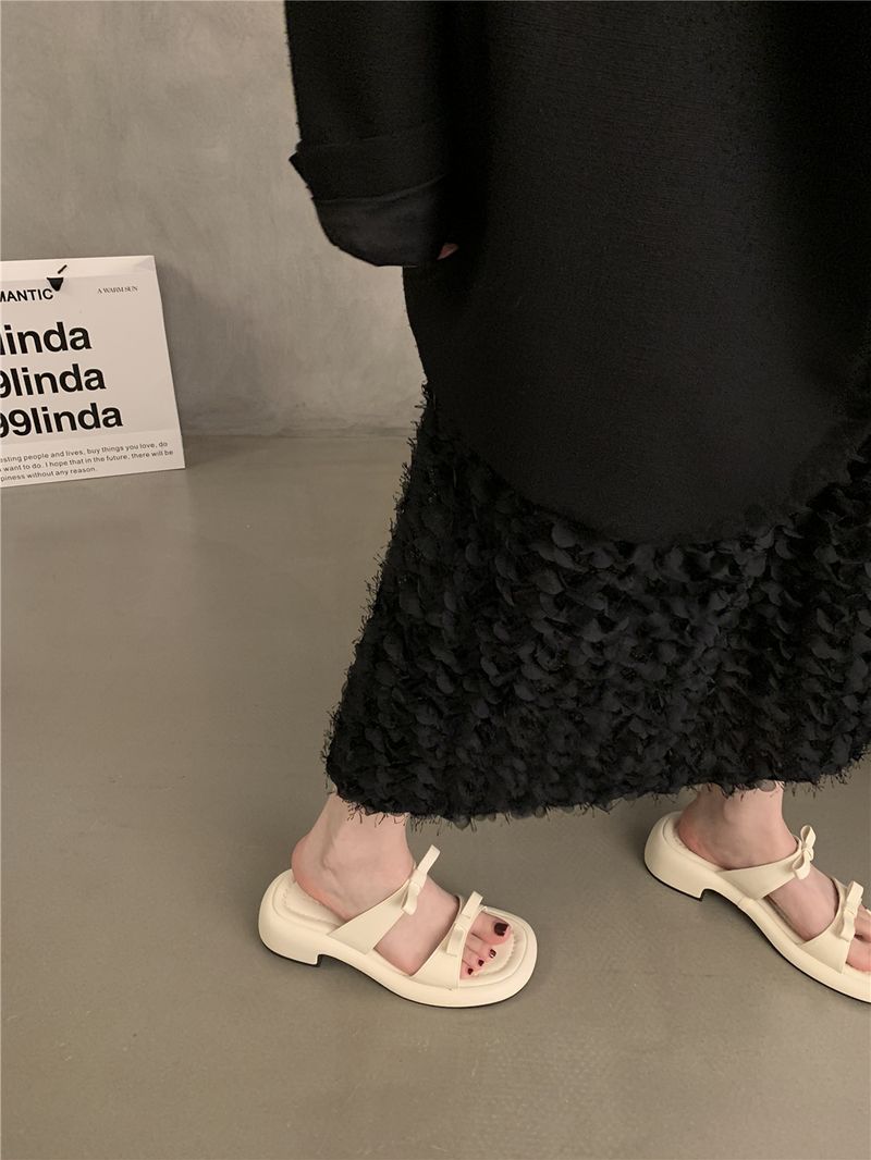 Chunky Heel French Bowknot Sandals Women's Beach Shoes Spring Summer White One-Strap Slippers_voghion.com